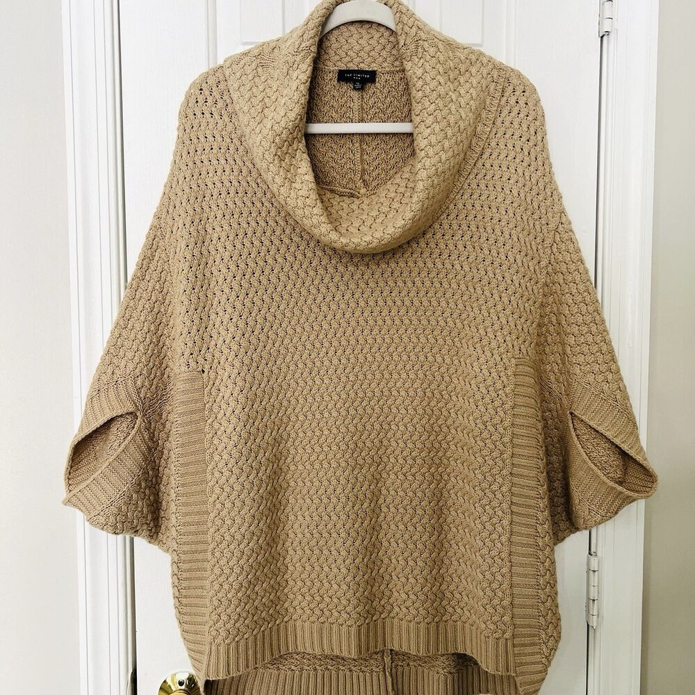 The Limited Tan Brown Basket Weave Knitted Cowl Neck Poncho Style Sweater Sz XL